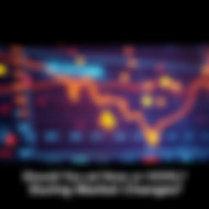 A graphic showing a downward trend in a financial chart with symbols for selling, buying, and holding investments.