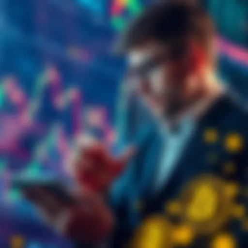 A person looking at financial charts and Bitcoin symbols, contemplating investment decisions.