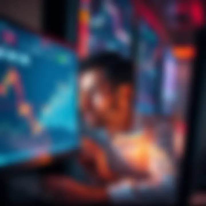 An investor closely reviewing charts and graphs on a computer screen, showing signs of excitement and anticipation for market movements.