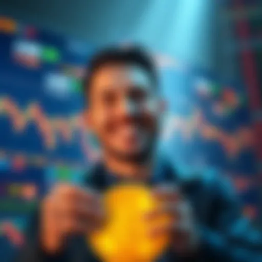 A person confidently investing in Bitcoin with a smile, surrounded by a digital display of Bitcoin values and trends.