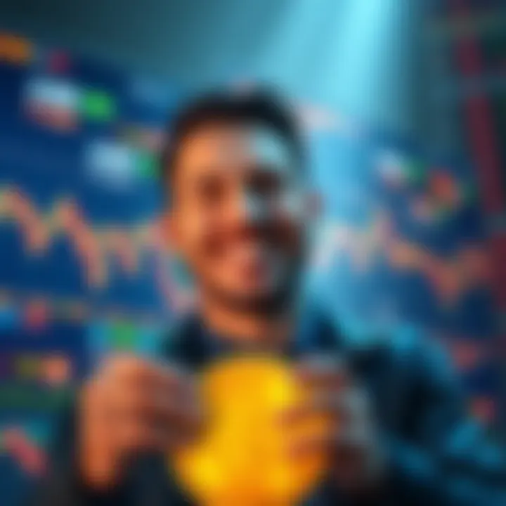 A person confidently investing in Bitcoin with a smile, surrounded by a digital display of Bitcoin values and trends.