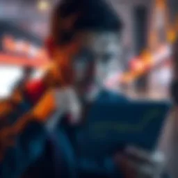 A concerned investor looking at a financial graph with a worried expression, holding a digital device displaying HBAR statistics.