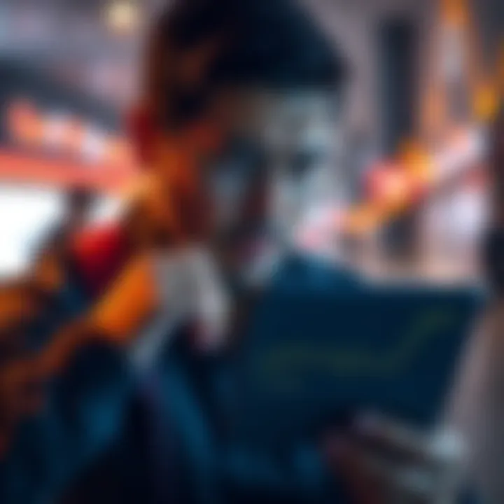 A concerned investor looking at a financial graph with a worried expression, holding a digital device displaying HBAR statistics.