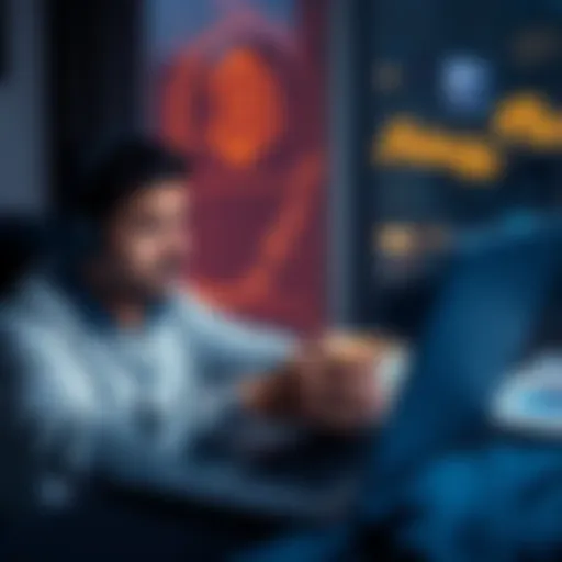 A person working late at night on a laptop with a coffee cup and financial charts, symbolizing their commitment to investing in bitcoin