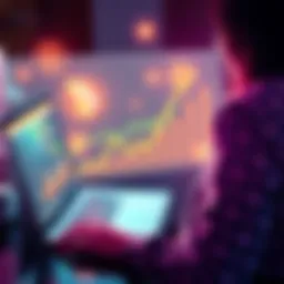An investor reviewing their $HEX staking progress on a laptop with a chart showing growth and crypto symbols around them.
