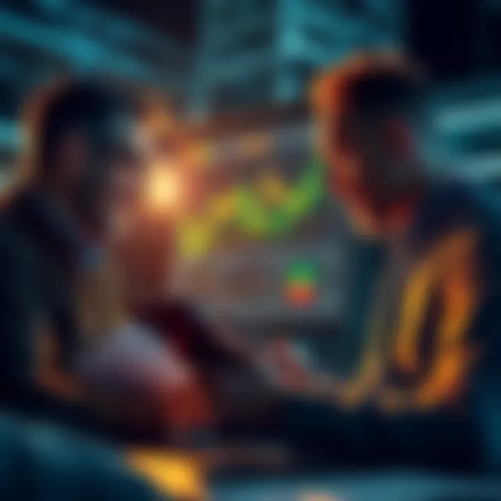 Group of investors analyzing charts and discussing future trends in cryptocurrency investments, focused on Joe's predictions about Avax values.