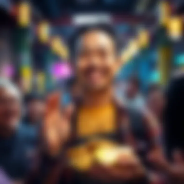 An investor holding LRC coins, smiling and surrounded by happy people in a vibrant community setting, showcasing joy and camaraderie despite losses.