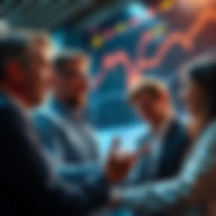 A group of investors looking at stock charts with excitement as market trends show potential growth