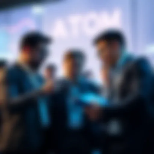 Group of investors discussing and purchasing ATOM cryptocurrency, showcasing excitement around new projects and market opportunities.