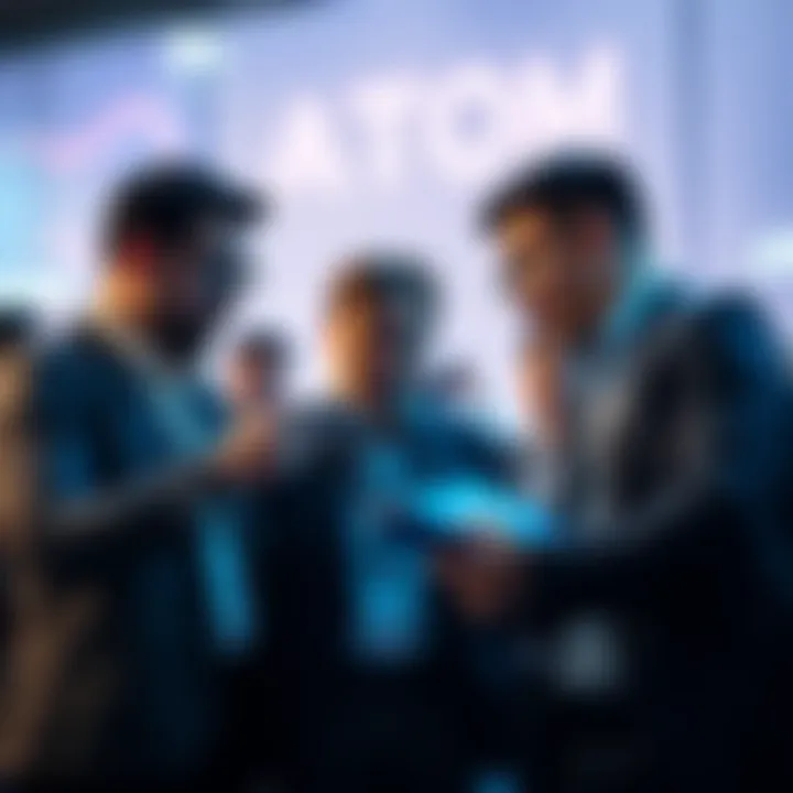 Group of investors discussing and purchasing ATOM cryptocurrency, showcasing excitement around new projects and market opportunities.