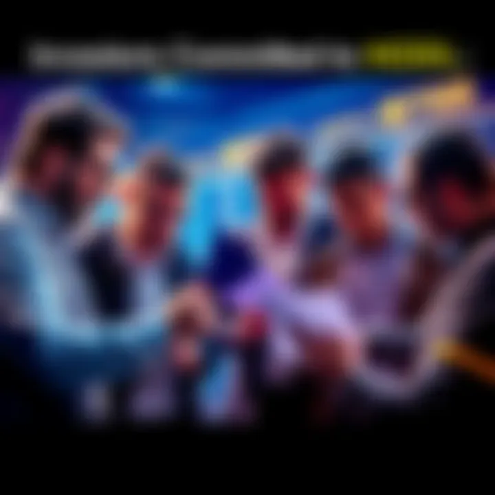 Investors Committed to HODL A group of determined investors analyzing charts and discussing market strategies, showing confidence in a buy and hold approach.