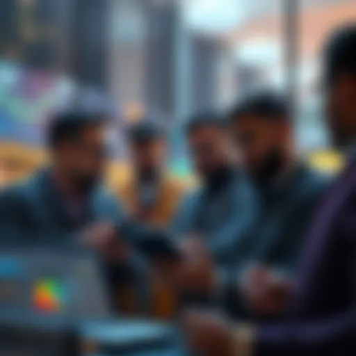 Group of retail investors discussing and analyzing popular ICOs like MetaETH and zkPass with digital devices and charts