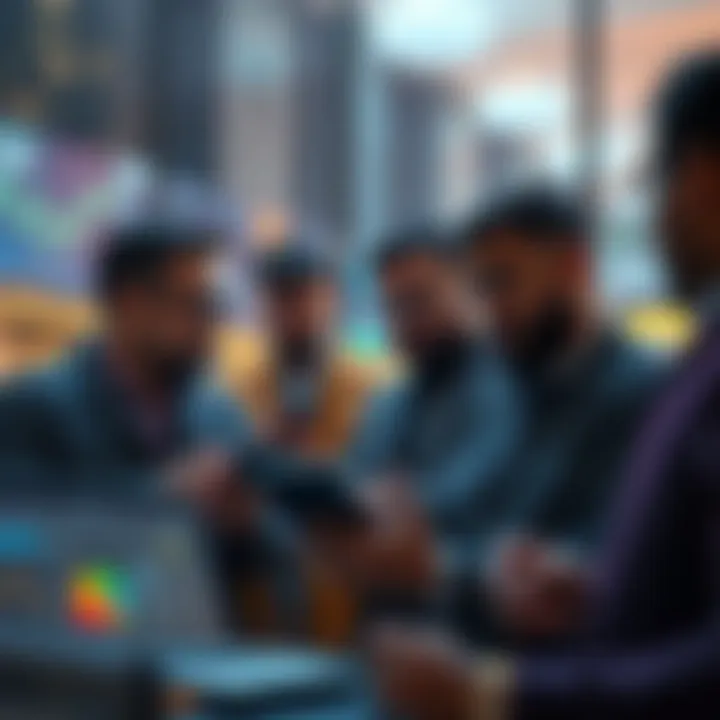 Group of retail investors discussing and analyzing popular ICOs like MetaETH and zkPass with digital devices and charts