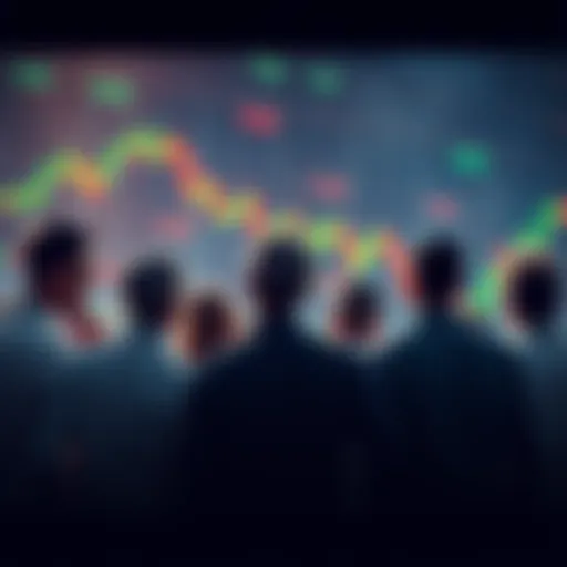 Group of investors anxiously observing stock market charts with fluctuating green and red lines, representing market volatility