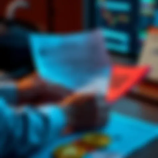 A person reviewing tax forms with a Bitcoin symbol on a table, indicating reporting a Bitcoin refund to the IRS.