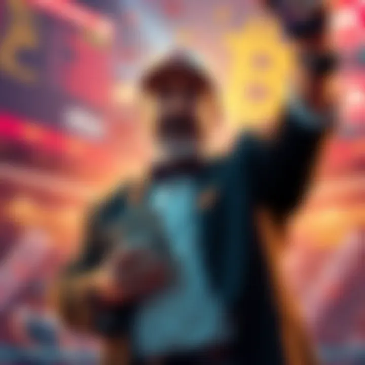 A depiction of James Wynn celebrating a big win in sports betting, holding cash with a worried expression as Bitcoin values drop in the background.
