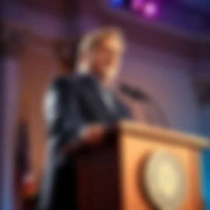 US Vice President JD Vance speaking at a podium urging crypto firms for support
