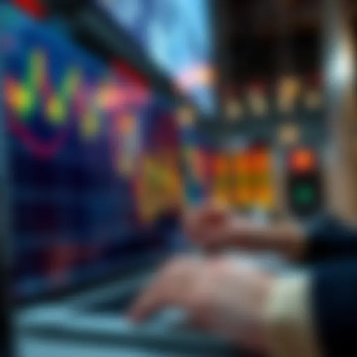 Jim Cramer Indicator in Action A close-up of a stock market graph showing trends and fluctuations, with a person analyzing data on a laptop.