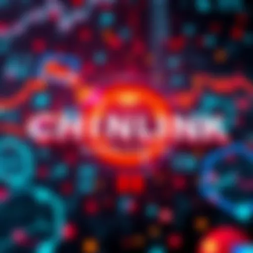A visual depiction of JPMorgan's analysis showcasing CHAINLINK at the forefront of DeFi and traditional finance merger, surrounded by financial symbols and charts.