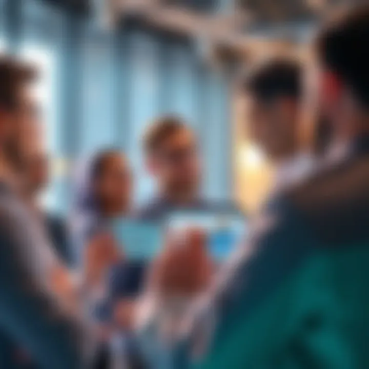Group of people engaging in a conversation about Kaspa's smart contracts, with one person holding a tablet displaying a chart.