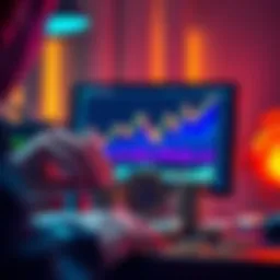 A person examining a stack of Kaspa coins with a computer displaying rising charts in the background, symbolizing investment growth.