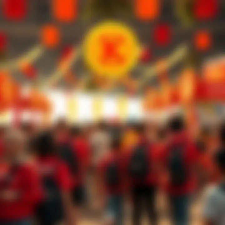 A lively festival with people wearing Kendu-themed merchandise, showcasing the Kendu coin logo and marketing materials. The atmosphere is festive with colorful decorations and enthusiastic crowds.