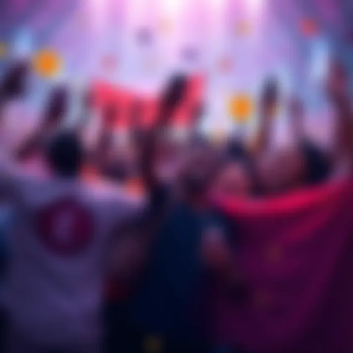 A diverse group of people celebrating Kendu's success with Bitcoin and Ethereum, holding banners and using smartphones, showing community engagement.
