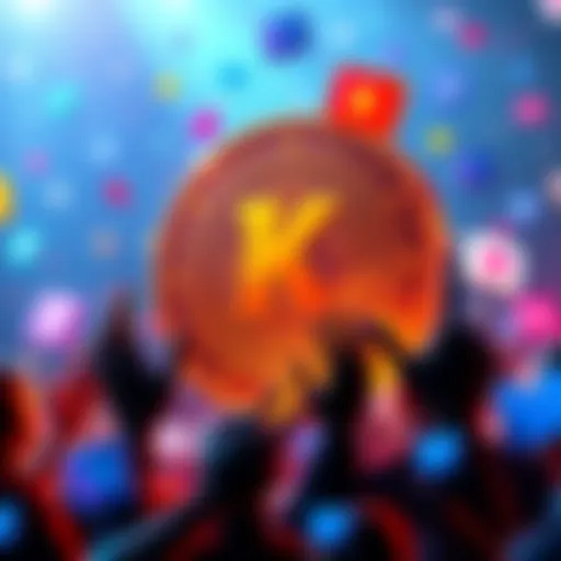 A vibrant digital coin representing Kendu surrounded by enthusiastic supporters and social media icons, symbolizing its growth in the crypto community.
