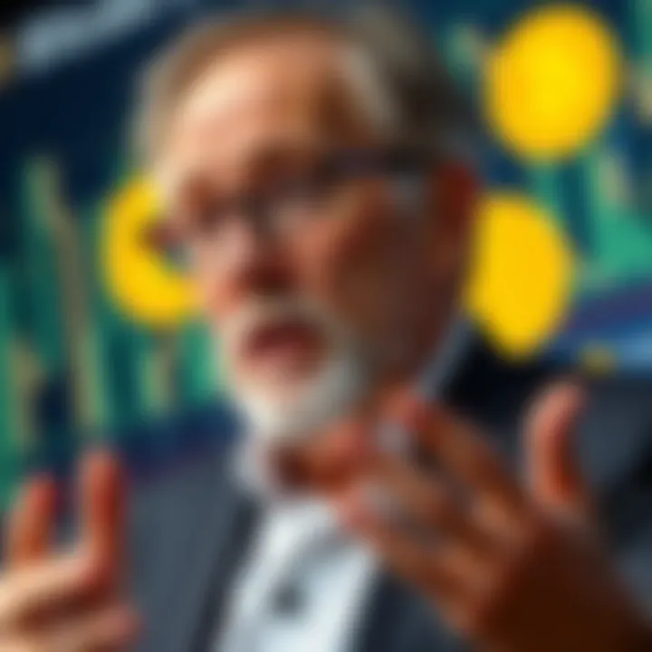 Harvard economist Kenneth Rogoff discusses Bitcoin's market changes with a backdrop of cryptocurrency symbols.