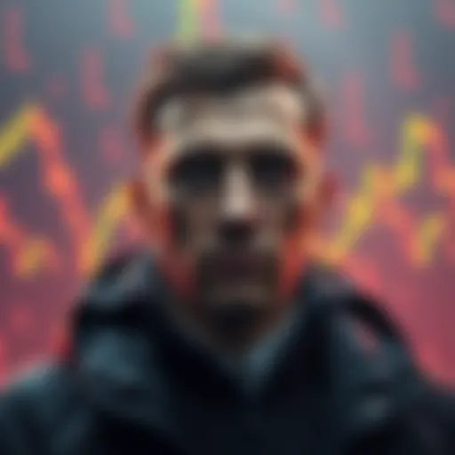 A somber portrait of Kostya Kudo with a backdrop of falling cryptocurrency charts, highlighting the emotional weight of his tragic story.