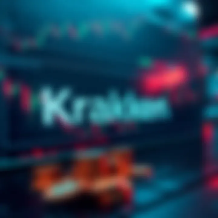 A visual representation of the Kraken cryptocurrency exchange interface with digital coins and trading charts