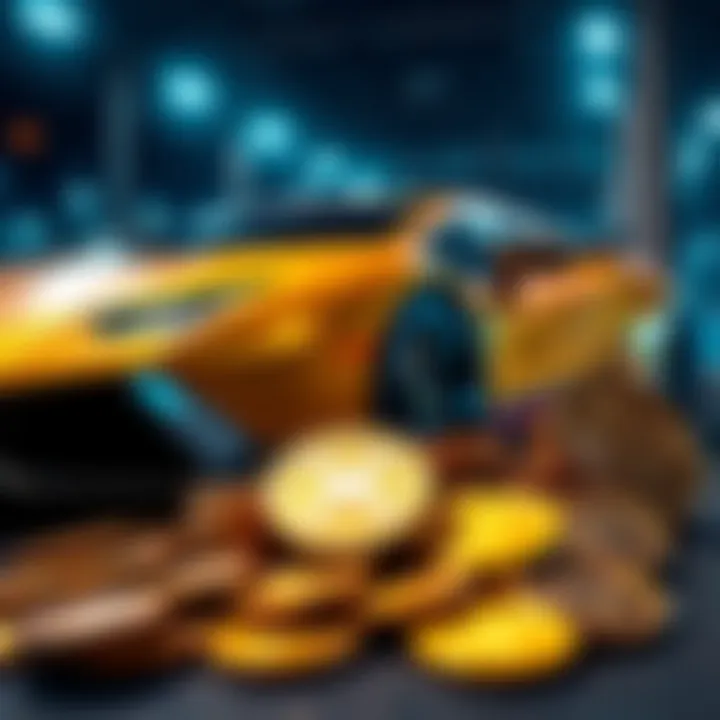 A luxurious Lamborghini parked next to a pile of XRP coins, symbolizing aspirations of wealth and investment choices.