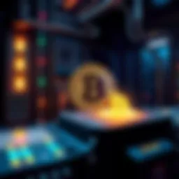 A digital representation of the last bitcoin being mined in 2140, showing a futuristic mining machine and a glowing bitcoin symbol.