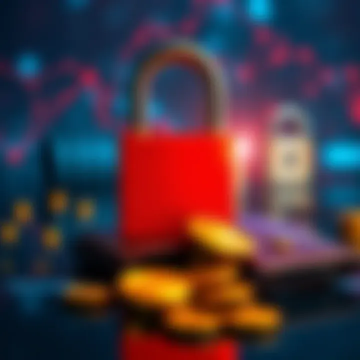 A digital padlock and a broken wallet symbolizing stolen funds due to a security breach.