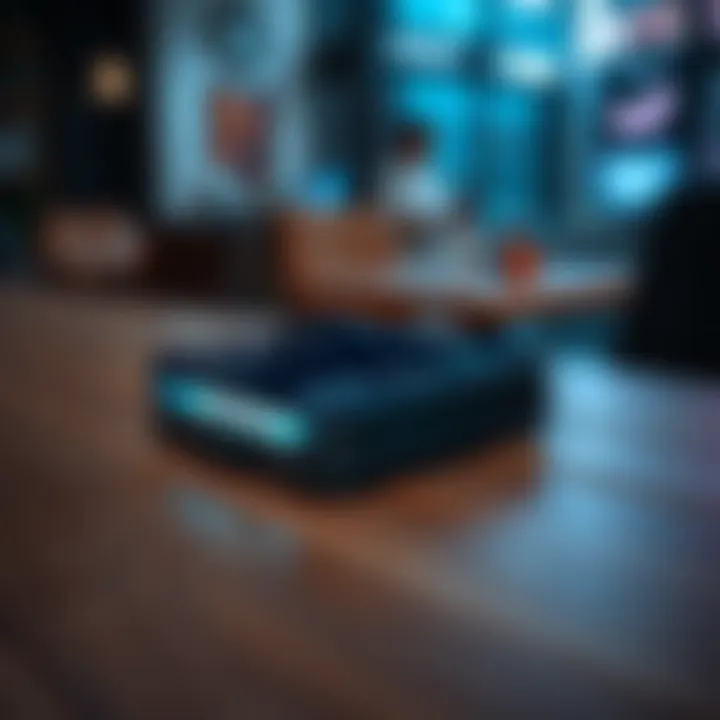 A Ledger cold wallet sitting on a wooden table with a digital screen lit up, showing security features and cryptocurrency options.