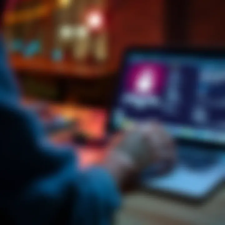 A person using a Ledger device connected to a laptop, showing a secure app update interface, with a lock symbol representing security.