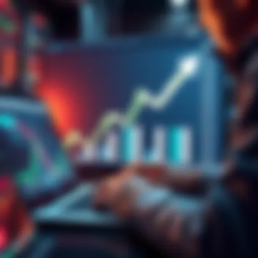 A chart showing Litecoin price trends with an upward arrow and a person analyzing market data on a laptop.