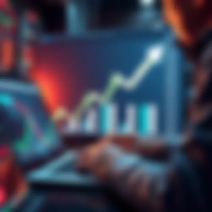 A chart showing Litecoin price trends with an upward arrow and a person analyzing market data on a laptop.