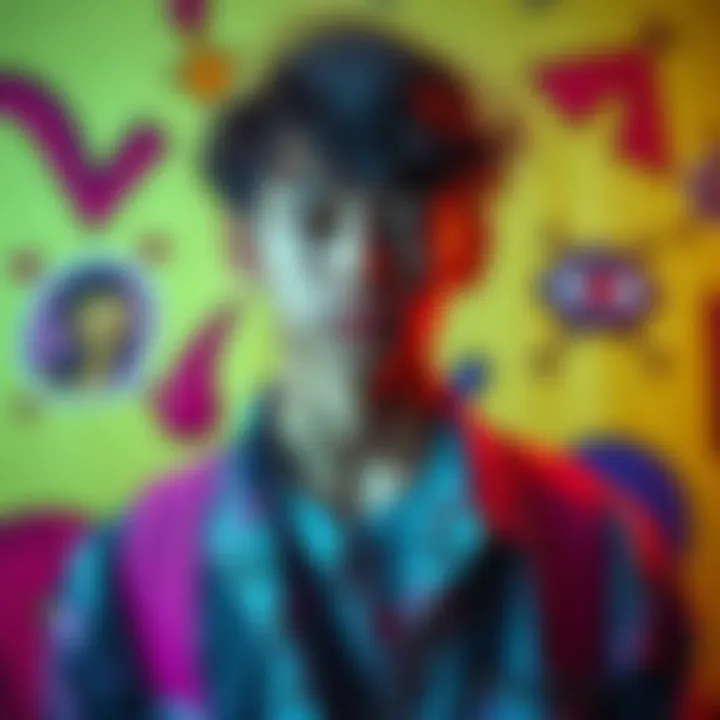 A young person with a distinctive fashion sense, reflecting personal identity and confidence, surrounded by colorful background elements that represent contemporary culture.
