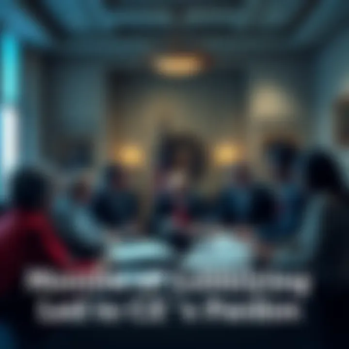 A group of people meeting in a conference room, discussing strategies for lobbying. Papers and charts are on the table.