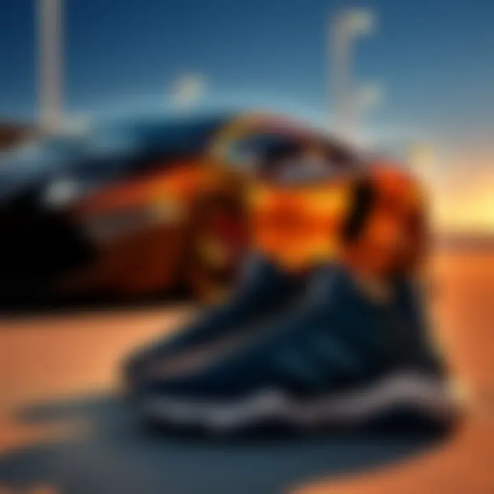 A sleek Lamborghini parked next to trendy Heelys shoes, showcasing luxury trends in fashion and automobiles