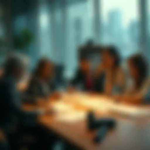 A group of people discussing important choices at a table with papers and charts