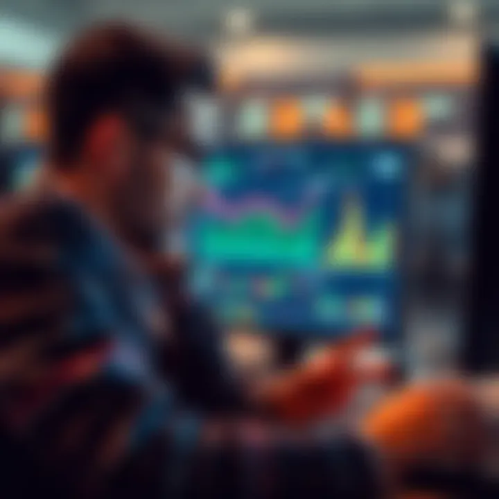 A man looking at charts and graphs on a computer screen, contemplating investment risks and rewards.
