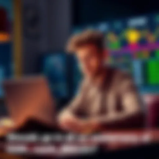A 35-year-old man sitting at a table looking at his laptop with Bitcoin charts displayed, contemplating his $20K cash investment.