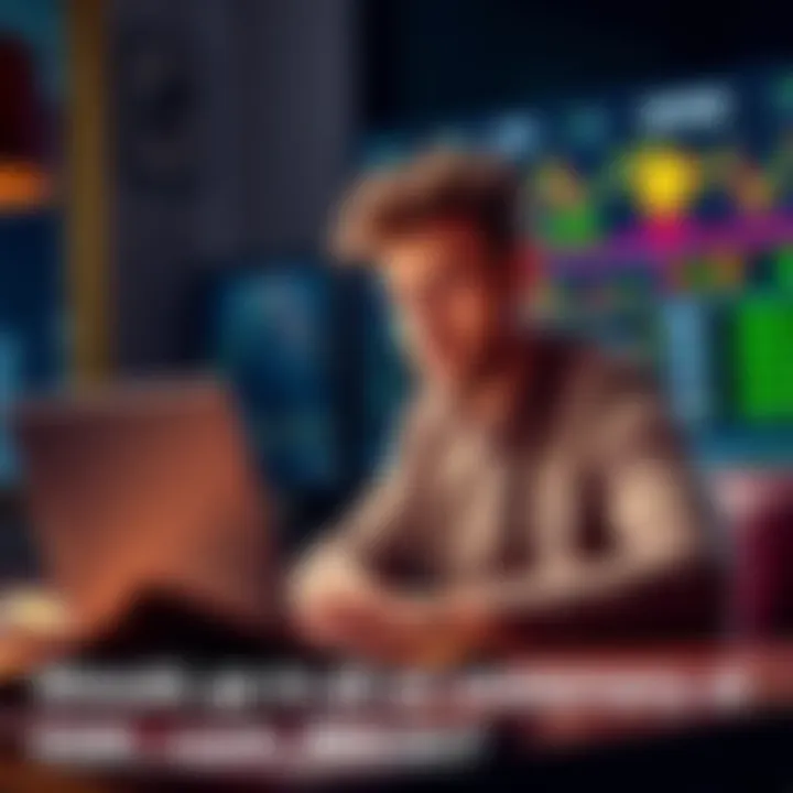 A 35-year-old man sitting at a table looking at his laptop with Bitcoin charts displayed, contemplating his $20K cash investment.