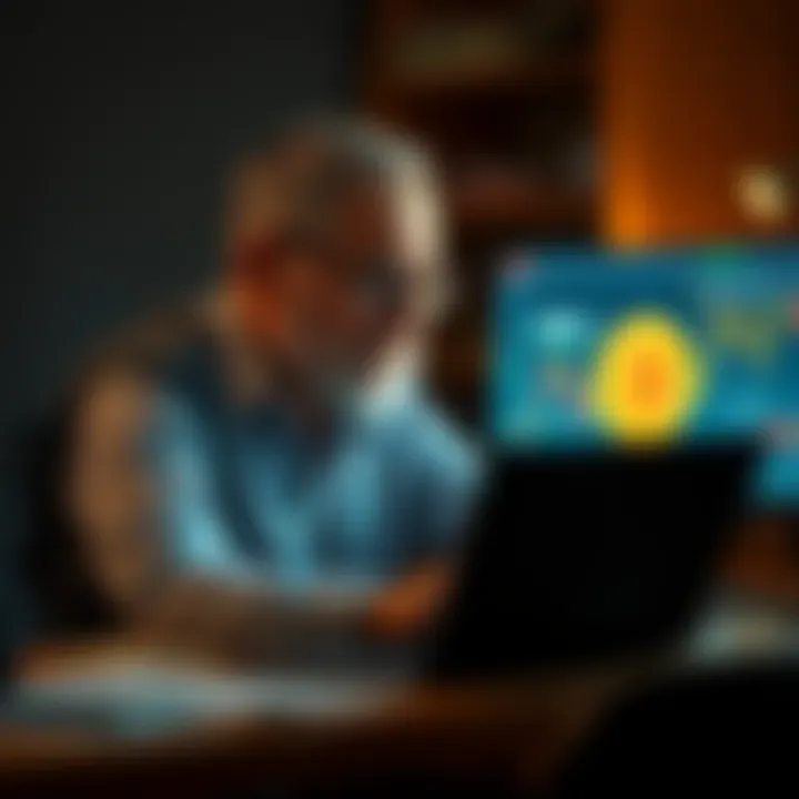 A 60-year-old man looks thoughtful while sitting at a desk with a laptop and Bitcoin graphics on the screen.