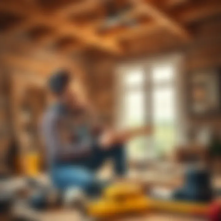 A man works on renovating his home, using money gained from selling Bitcoin. Tools and materials are visible around him.