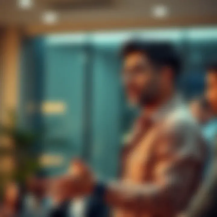 A man in casual attire speaking confidently to a small group, conveying important ideas