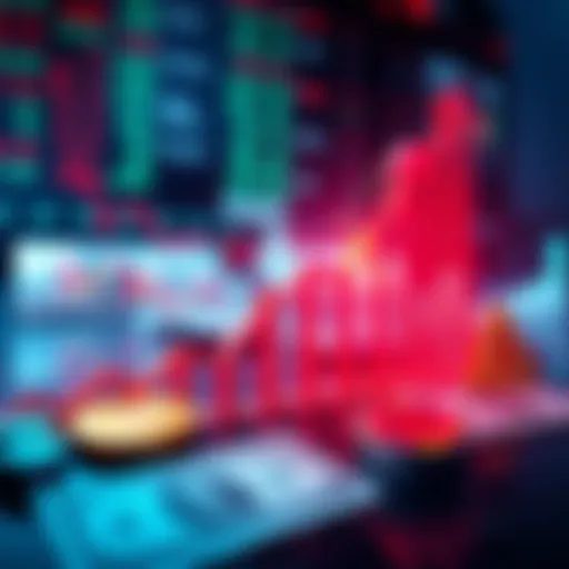 A graph showing a rising stock market trend with arrows pointing upward and symbols of stocks and cryptocurrency. The background features dollar bills and financial charts.