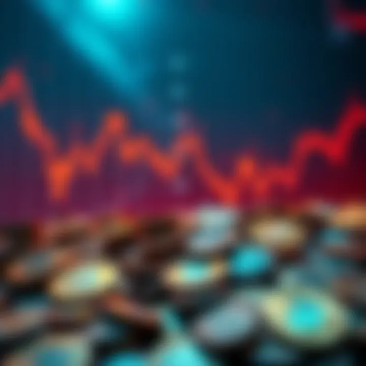A graph showing a steep decline in cryptocurrency values with fallen coins scattered around.